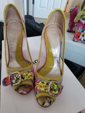 Dolce & Gabbana Yellow Floral Peep-Toe Wedge Heels